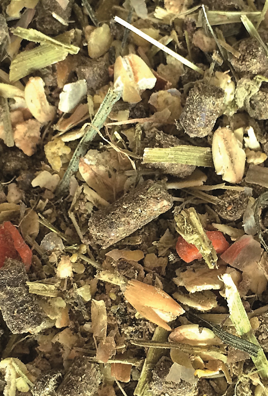 Mischung aus getrockneten Kräutern und Pflanzenmaterialien, in verschiedenen Farben und Texturen.