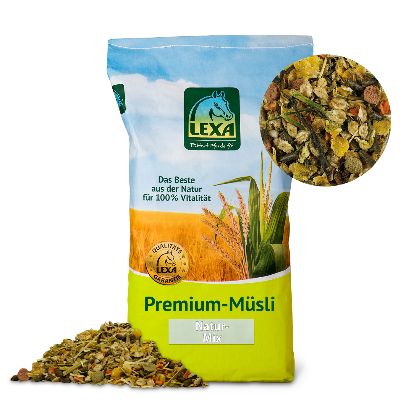 Tüte mit LEXA Premium-Müsli Natur-Mix, umgeben von Müsli und einer Nahaufnahme der Mischung.