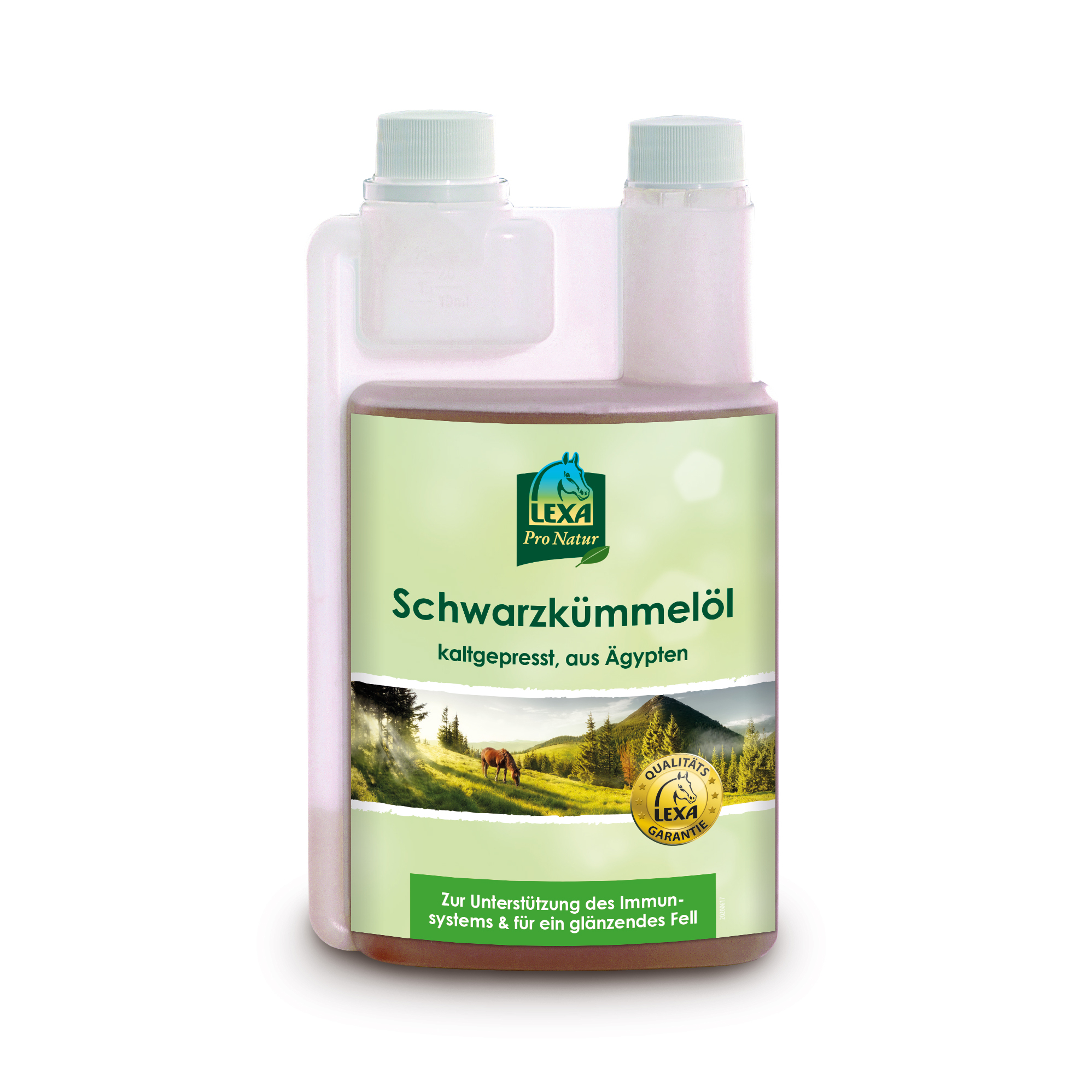 Schwarzkümmelöl in einer transparenten Dosierflasche, kaltgepresst, aus Ägypten, mit grüner Etikettierung und Landschaftsbild im Hintergrund und dem Hinweis "Zur Unterstützung des Immunsystems & für ein glänzendes Fell".