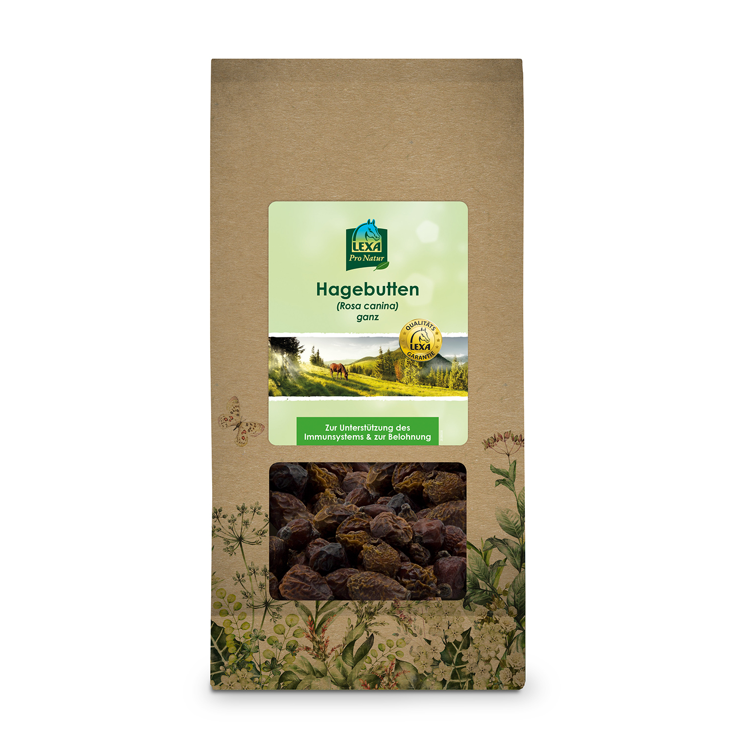 Packung mit getrockneten Hagebutten, braun, in einer umweltfreundlichen Verpackung mit Sichtfenster