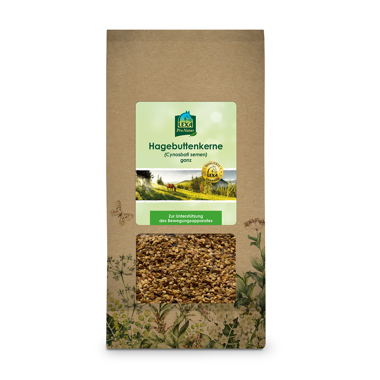 Braune Papiertüte mit Hagebuttenkernen, mit Sichtfenster und grünem Etikett. Kräuterillustrationen am Rand der Verpackung.