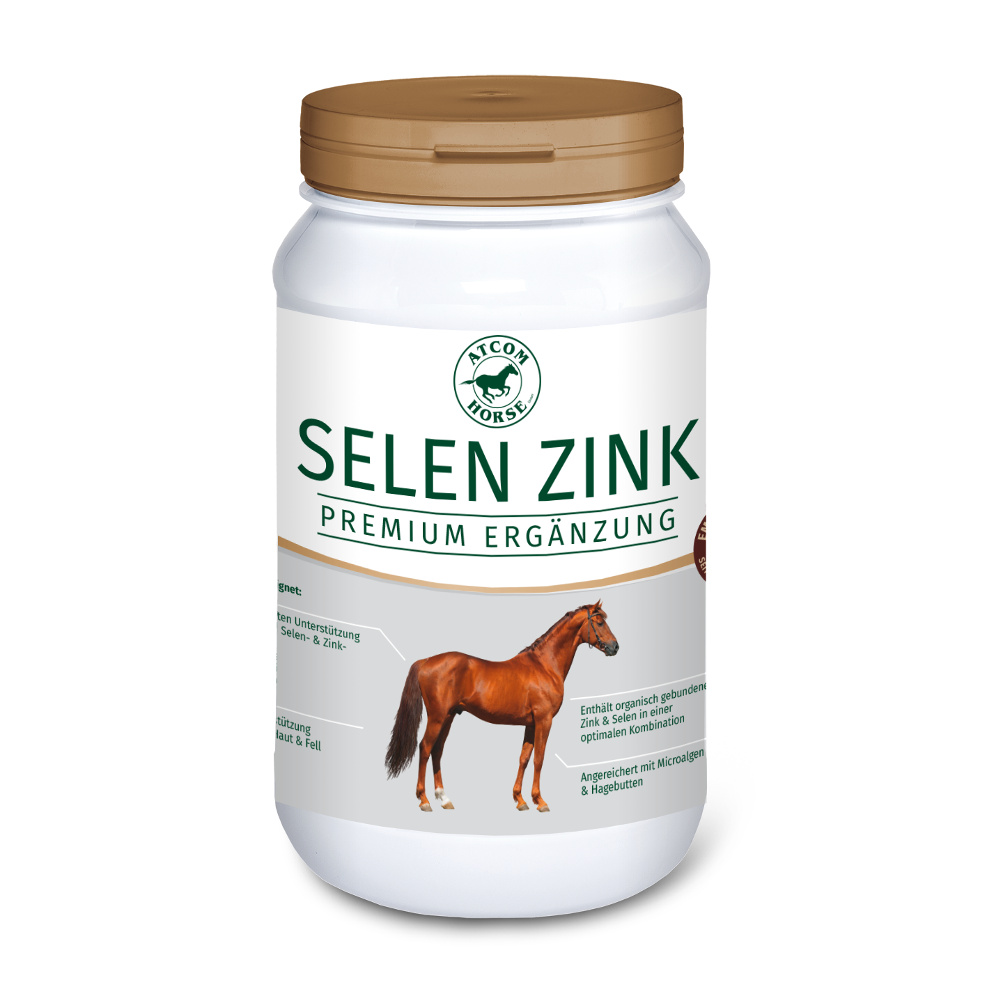 Dose mit Selen Zink Premium Ergänzung für Pferde, zeigt ein Pferd auf dem Etikett.