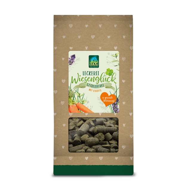 Packung mit Leckerlis für Tiere, Marke LEXA, mit einer transparenten Sichtfenster und einer Mischung aus Kräutern und Karotten.