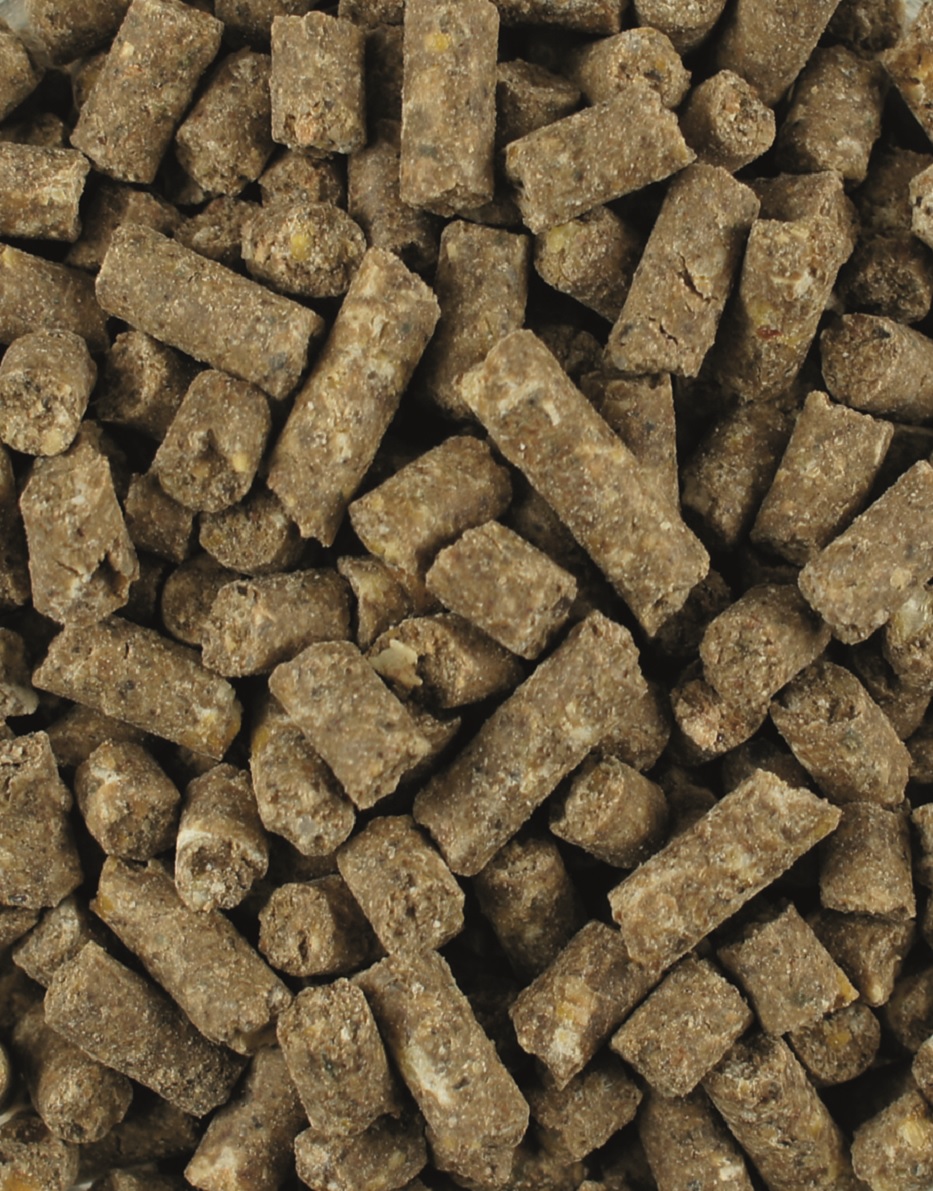 Braune Pellets aus gepresstem Material, gleichmäßig geformt und in verschiedenen Größen.