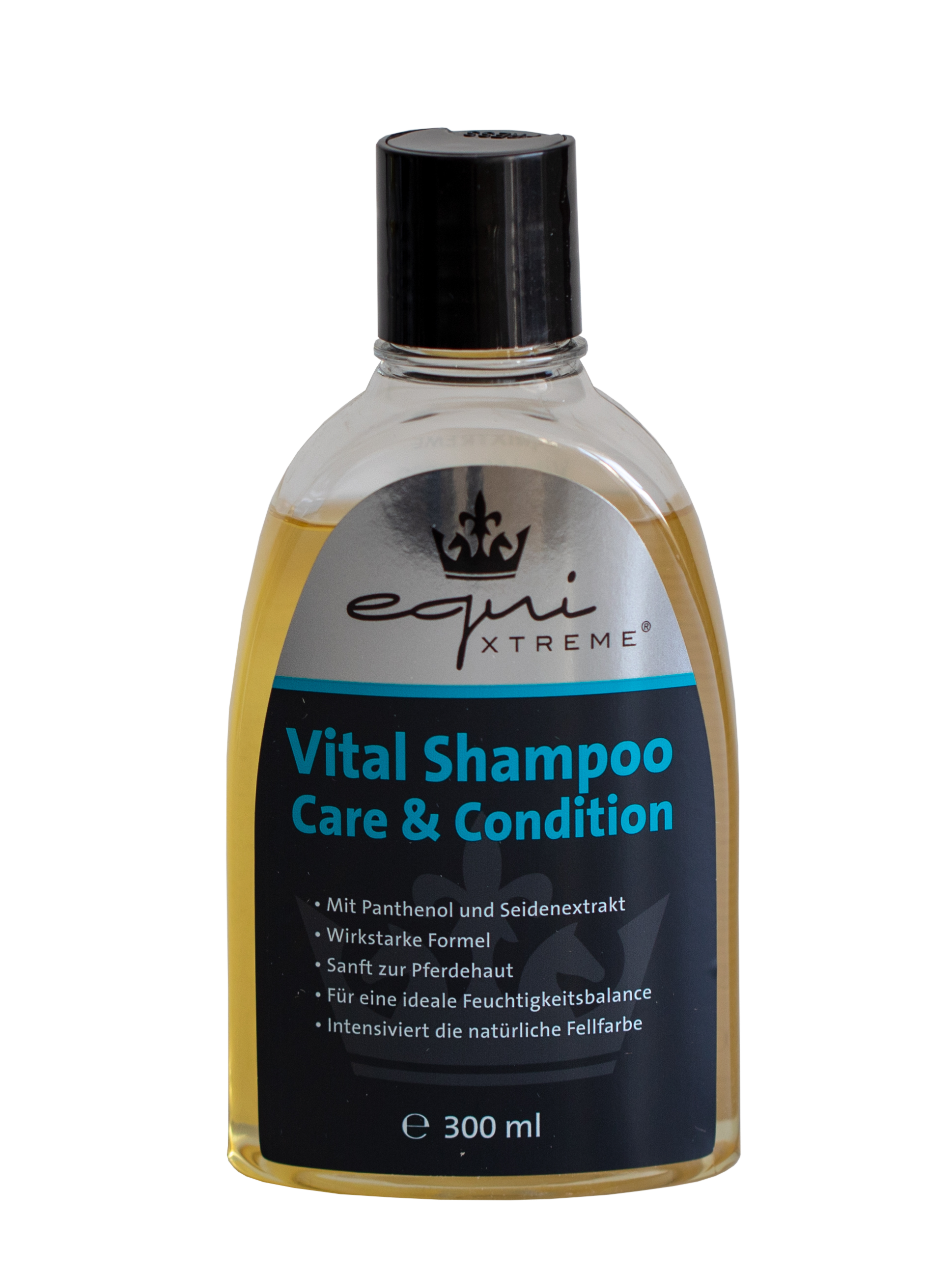 Flasche mit equi XTREME Vital Shampoo Care & Condition, 300 ml, mit Panthenol und Seidenextrakt.