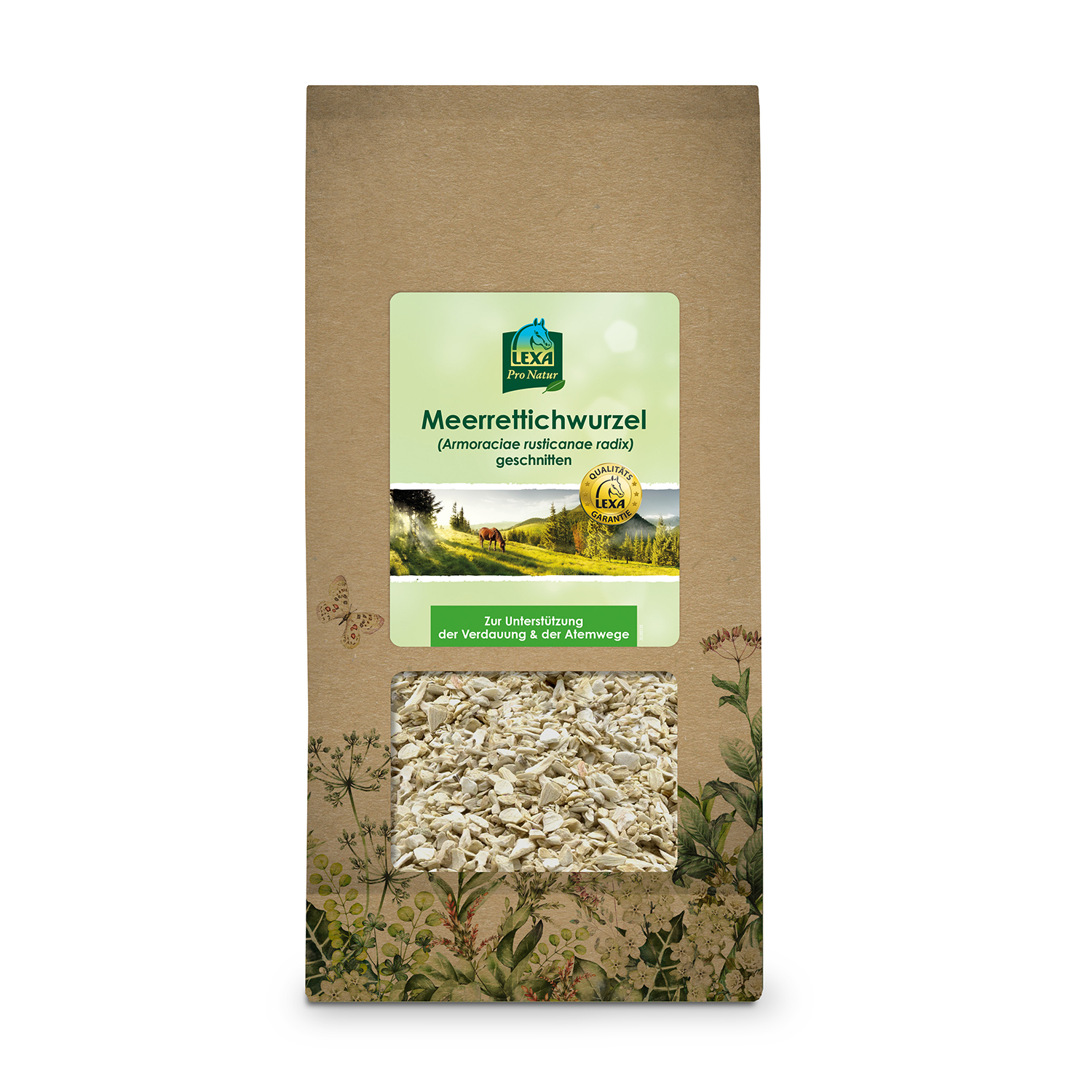 Braune Papiertüte mit Meerrettichwurzel, mit grünem Etikett und Sichtfenster. Kräuterillustrationen am Rand der Verpackung.