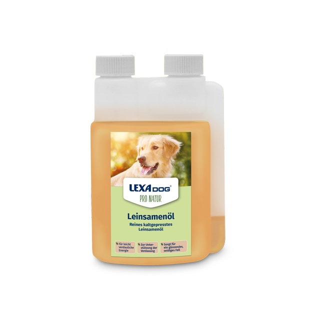 Flasche mit LEXA DOG Leinöl, 500 ml, für Hunde, mit gelber Flüssigkeit.