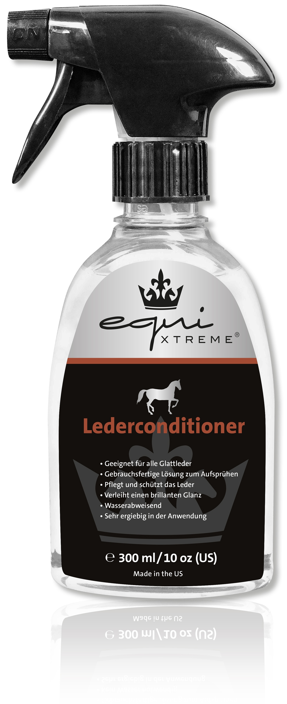 Flasche mit equi XTREME Lederconditioner, 300 ml, Sprühkopf, für die Pflege von Leder.