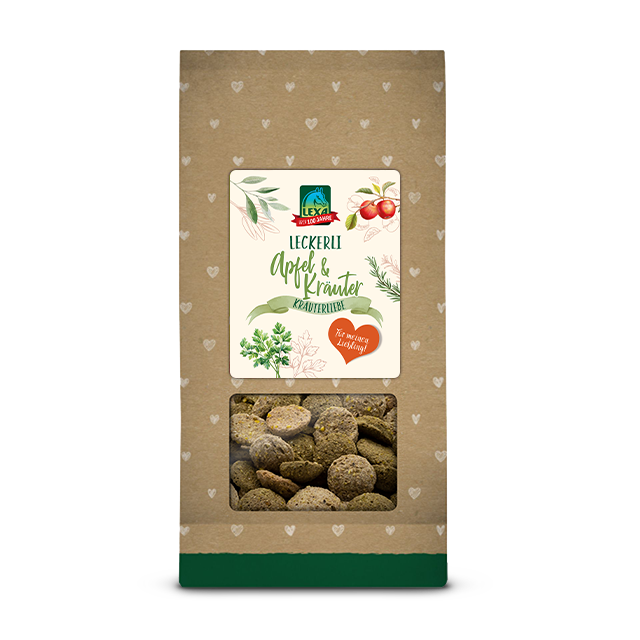 Packung mit Premium Pferdekräckern von LEXA, Geschmack Apfel und Kräuter, mit transparentem Sichtfenster.
