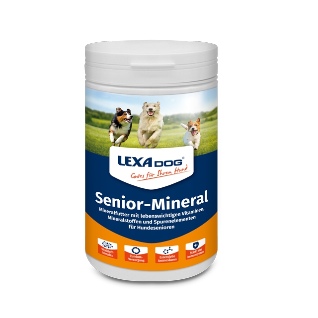 LEXA Dog Senior-Mineral, ein Mineralfutter für ältere Hunde mit wichtigen Vitaminen und Mineralstoffen.