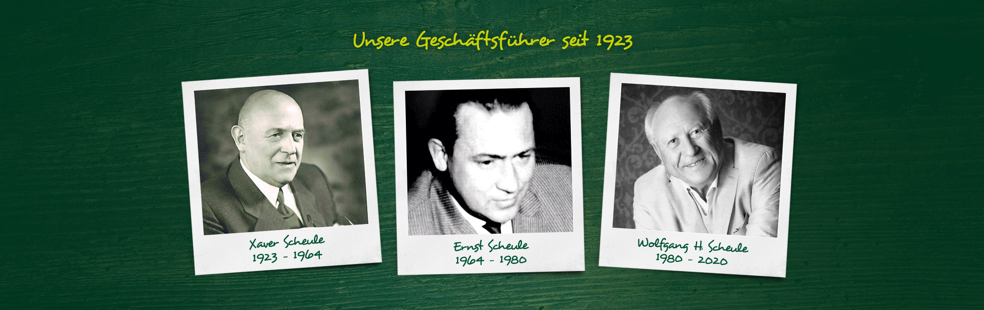 Drei Porträts von Geschäftsführern: Xaver Schade (1923-1949), Ernst Schade (1949-1980), Wolfgang Schade (1980-2020)