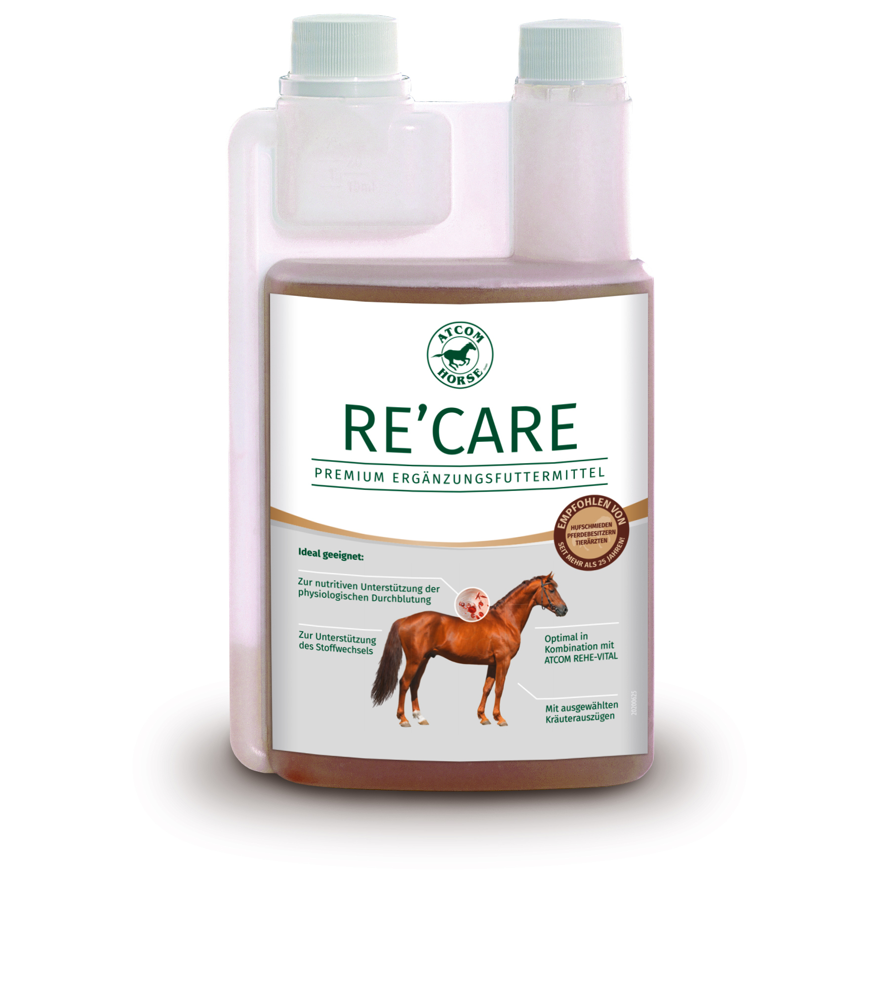 Dosierflasche (Kunststoff)mit RE'CARE Premium Ergänzungsfuttermittel für Pferde, braune Flüssigkeit, ideal zur Unterstützung der Gesundheit.