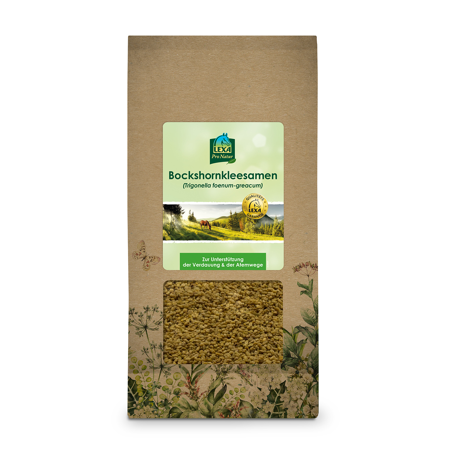 Braune Papiertüte mit Bockshornkleesamen  mit Sichtfenster und einem grünem Etikett. Kräuterillustrationen am Rand der Verpackung.