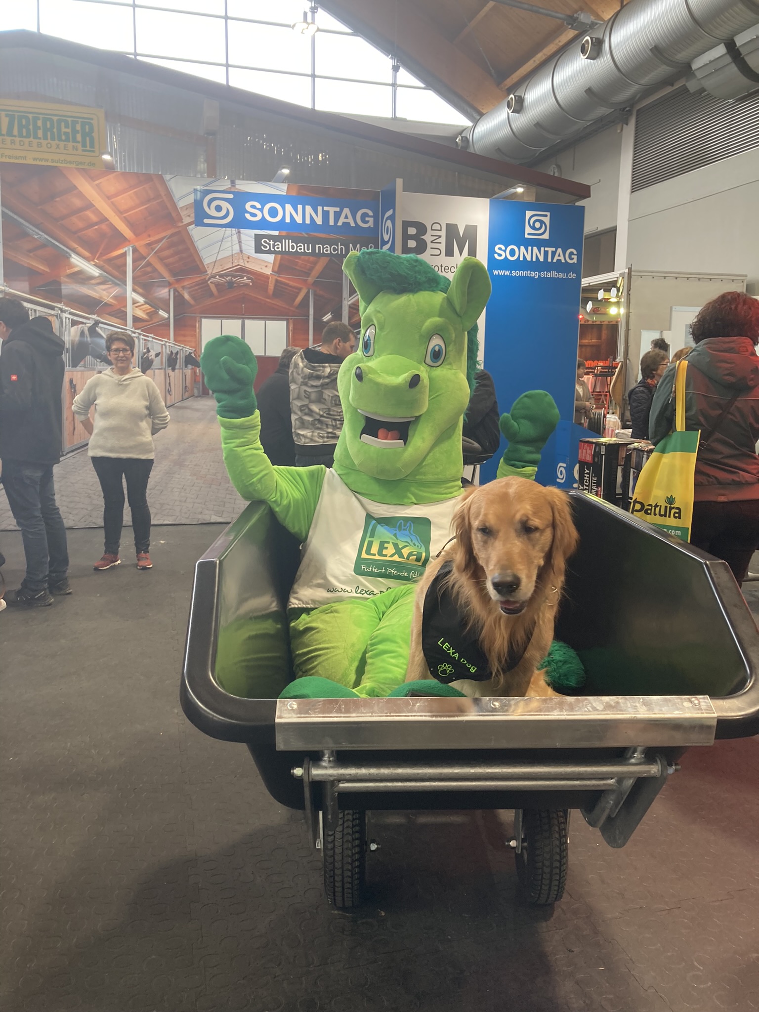 Ein grüner Maskottchen in einem Schubkarren, neben einem Hund, in einer Messehalle.