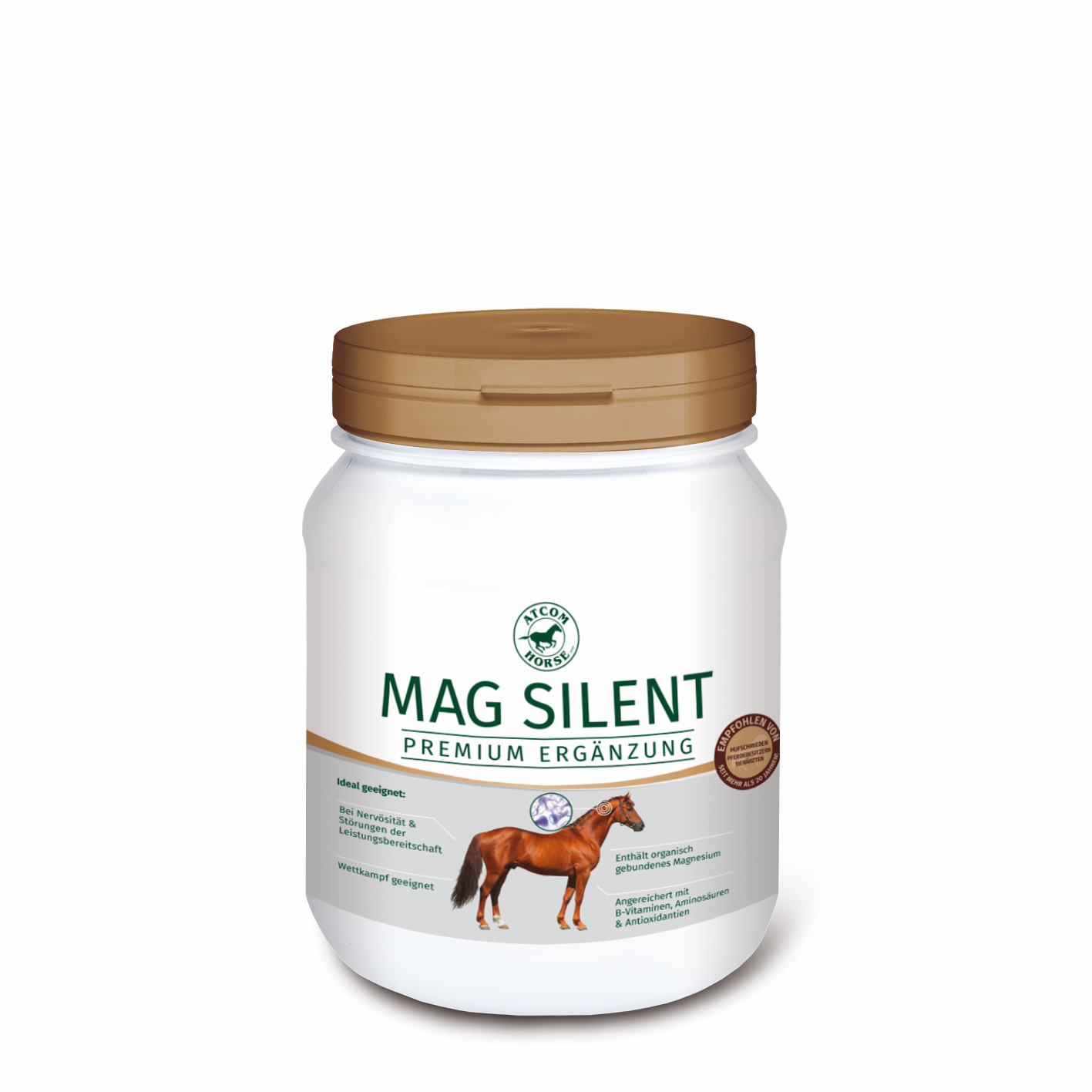 Weißer Behälter mit braunem Deckel, enthält MAG SILENT, eine Premium-Ergänzung für Pferde.