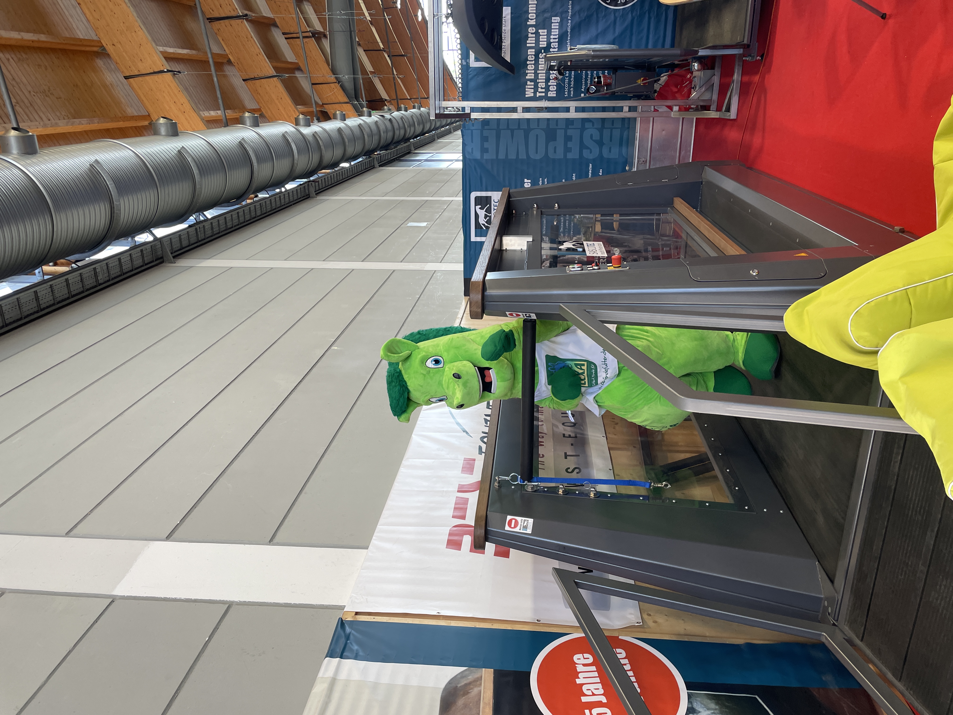 Ein grünes Maskottchen mit einem breiten Lächeln steht hinter einem Glasdisplay auf einer Messe.