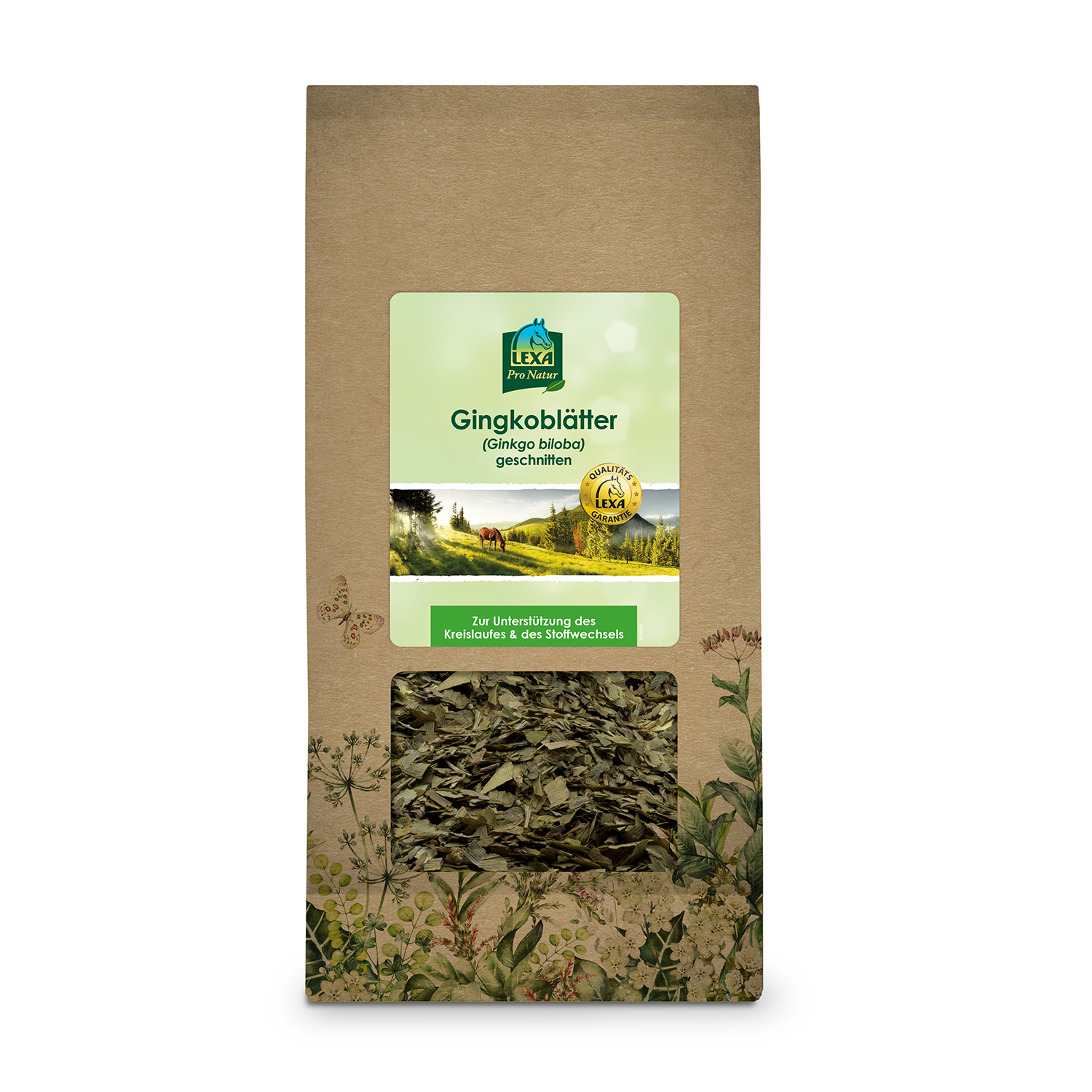 Braune Papiertüte mit Sichtfenster mit getrockneten Ginkgoblättern,  grünes Etikett. Kräuterillustrationen am Rand der Verpackung.