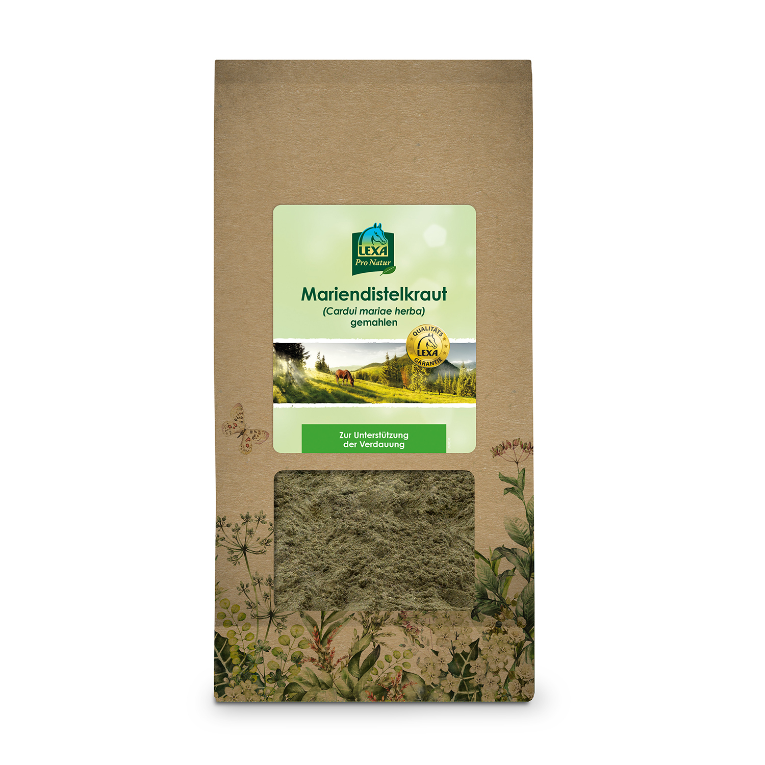 Braune Papiertüte mit grünem Etikett, Sichtfenster mit gemahlenem Mariendistelkraut, Landschaftsillustration, Kräuterdekor und Hinweis „Zur Unterstützung der Verdauung“.