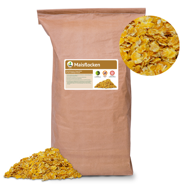 Große Verpackung mit Maisflocken, braun, mit einem kleinen Bild der Flocken daneben.