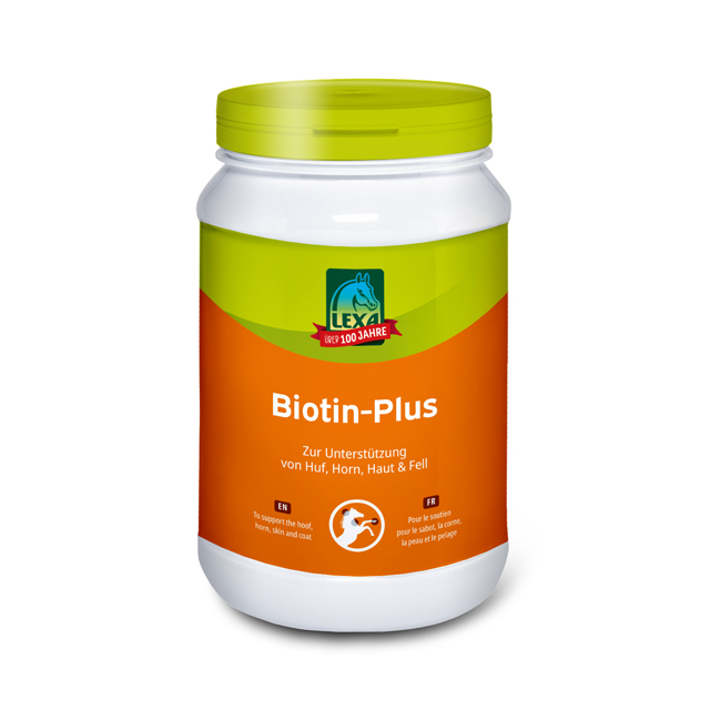 LEXA Biotin-Plus in einer weißen Dose (Kunststoff) mit grünem Deckle und orangenem Etikett.