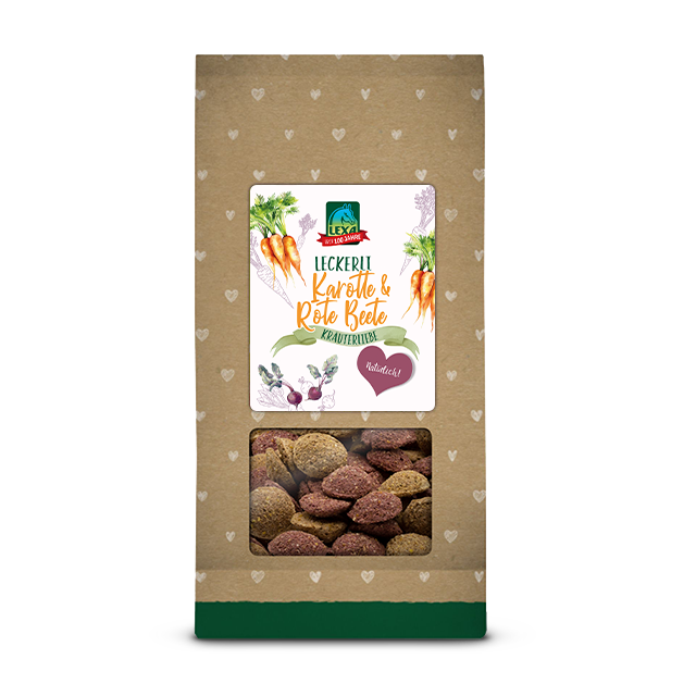 Premium Pferdekräcker von LEXA mit Karotte und Roter Beete in einer umweltfreundlichen Verpackung.