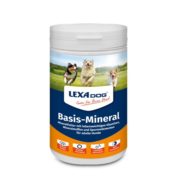 LEXA Dog Basis-Mineral, Nahrungsergänzungsmittel für erwachsene Hunde, enthält wichtige Vitamine und Mineralstoffe.