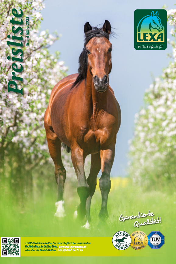 Ein braunes Pferd galoppiert durch eine blühende Landschaft mit Bäumen.