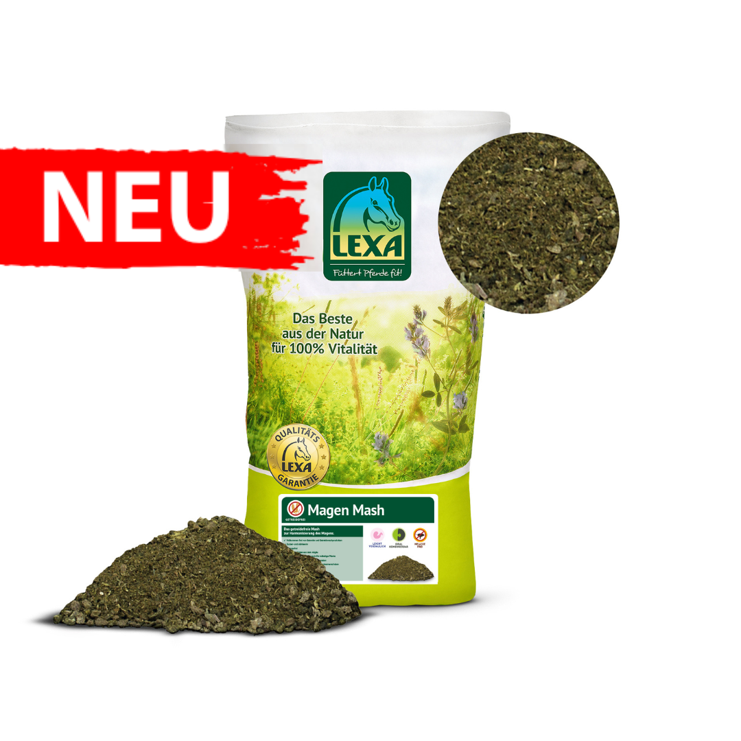 LEXA Magen Mash auf einem grünen Sack mit einer Blumenwiese im Hintergrund und einer roten Banderole mit NEU