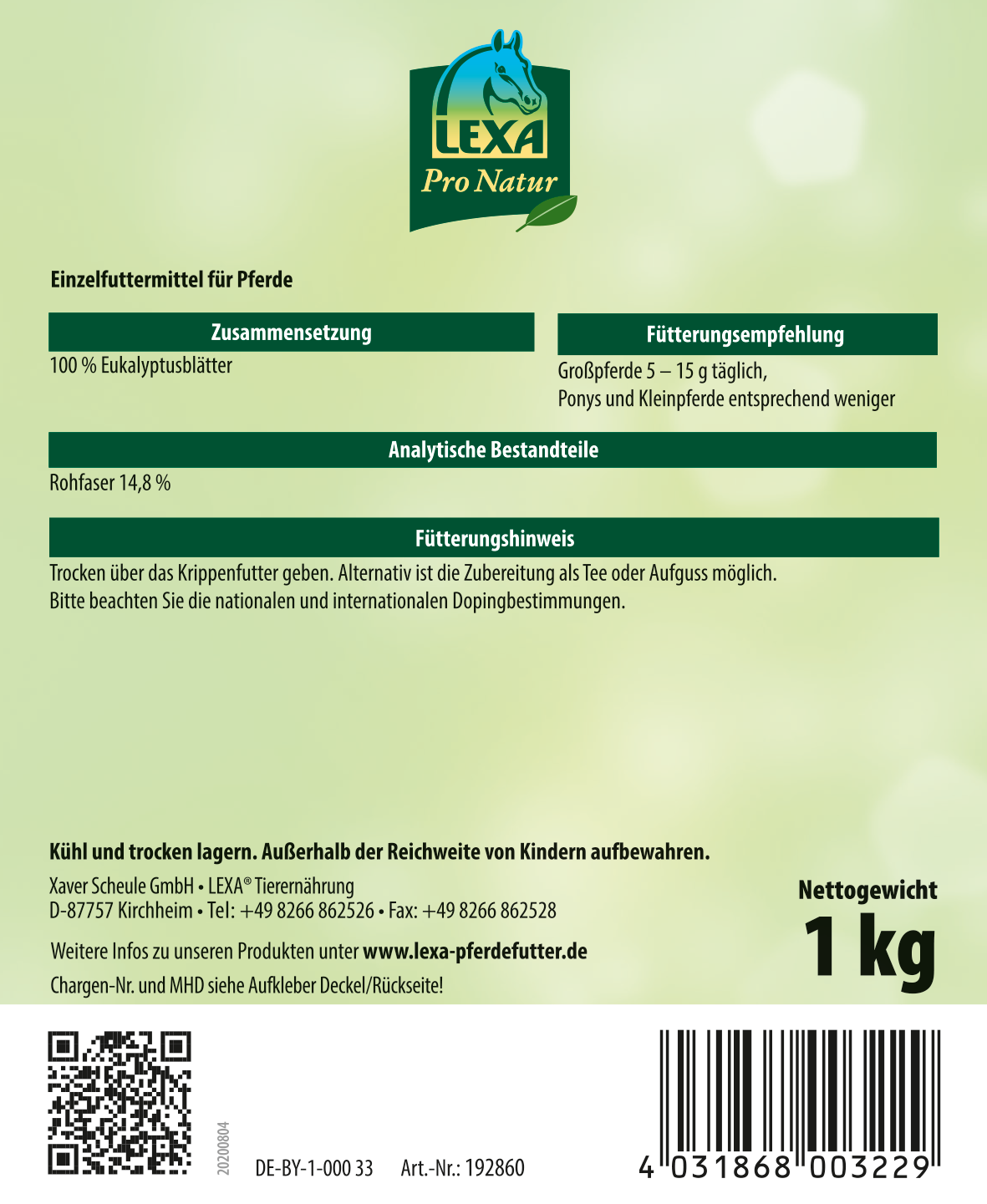 Verpackung von LEXA Pro Natur Pferdefutter, 1 kg, mit Inhaltsstoffen und Fütterungshinweisen.
