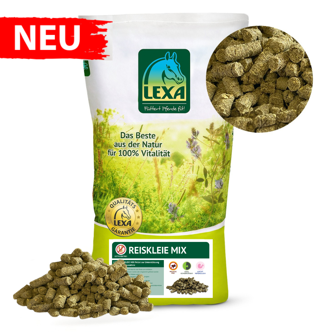 LEXA Reiskleie Mix, mit einer grüner Wiesen darauf und einem Produktbild. Zudem einem roten Flyer mit der Aufschrift "Neu"