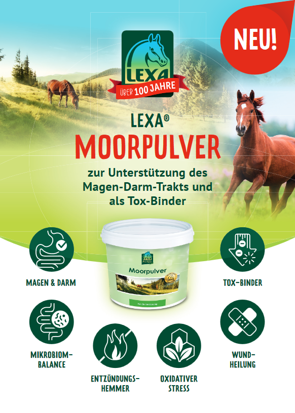 LEXA Moorpulver zur Unterstützung des Magen-Darm-Trakts, enthält Informationen zu Mikrobiom-Balance und Stressreduktion.