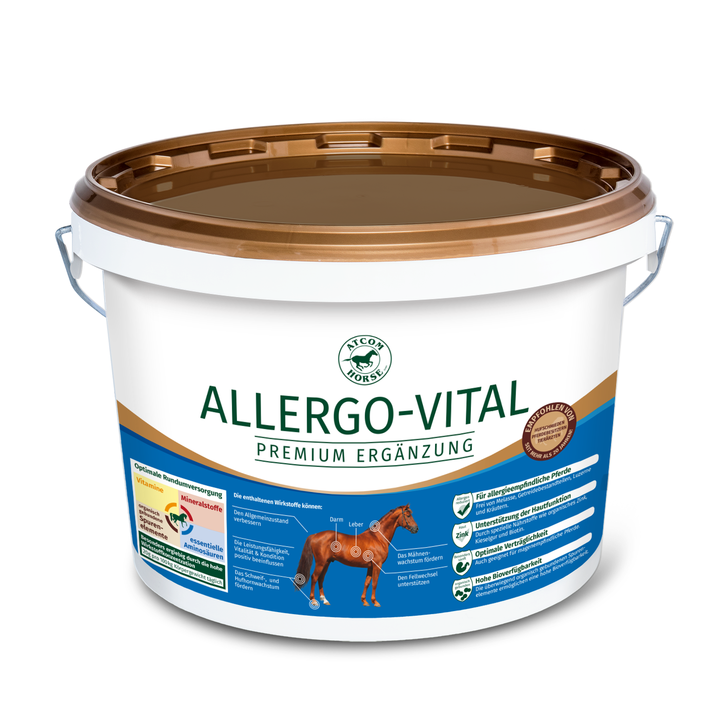 ALLERGO-VITAL unpelletiert in einem weißen Eimer (Kunsttoff) mit goldenem Dekcel und blauem Etikett.