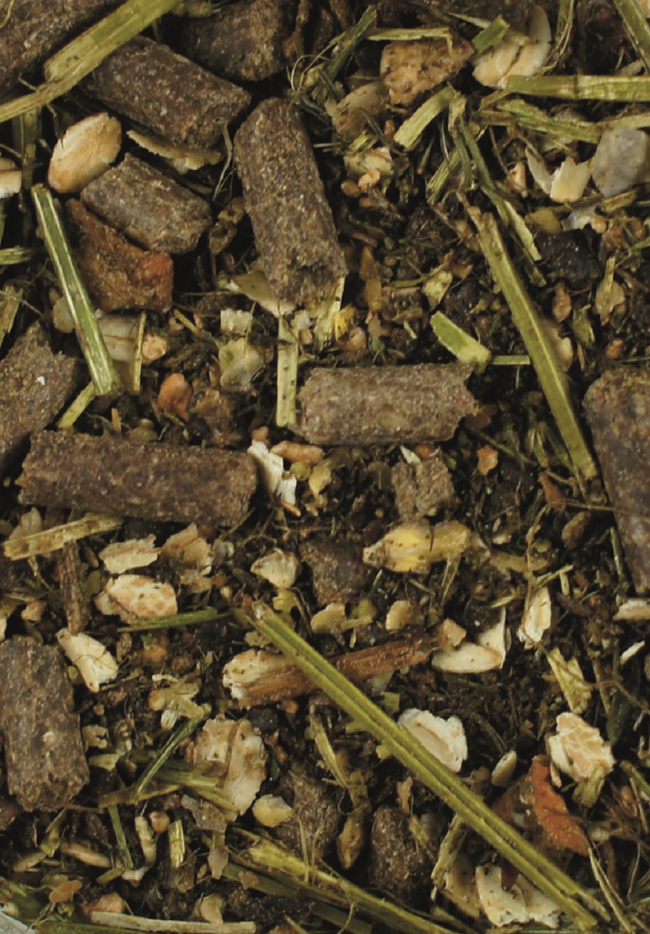 Mischung aus Tierfutter mit Pellets, getrockneten Kräutern und Samen.