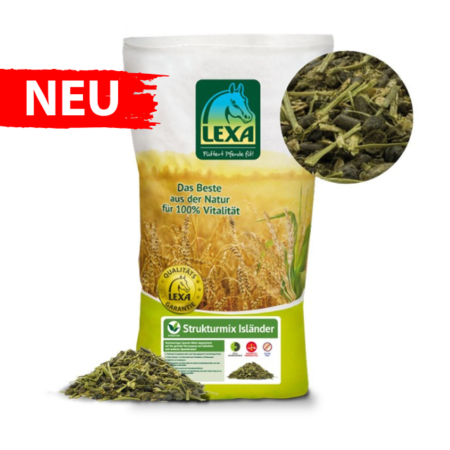 Verpackung als grünen Sack von LEXA Strukturmix Isländer mit einer Banderole mit der Aufschrift NEU und einem Bild mit der Struktur des Müslis.