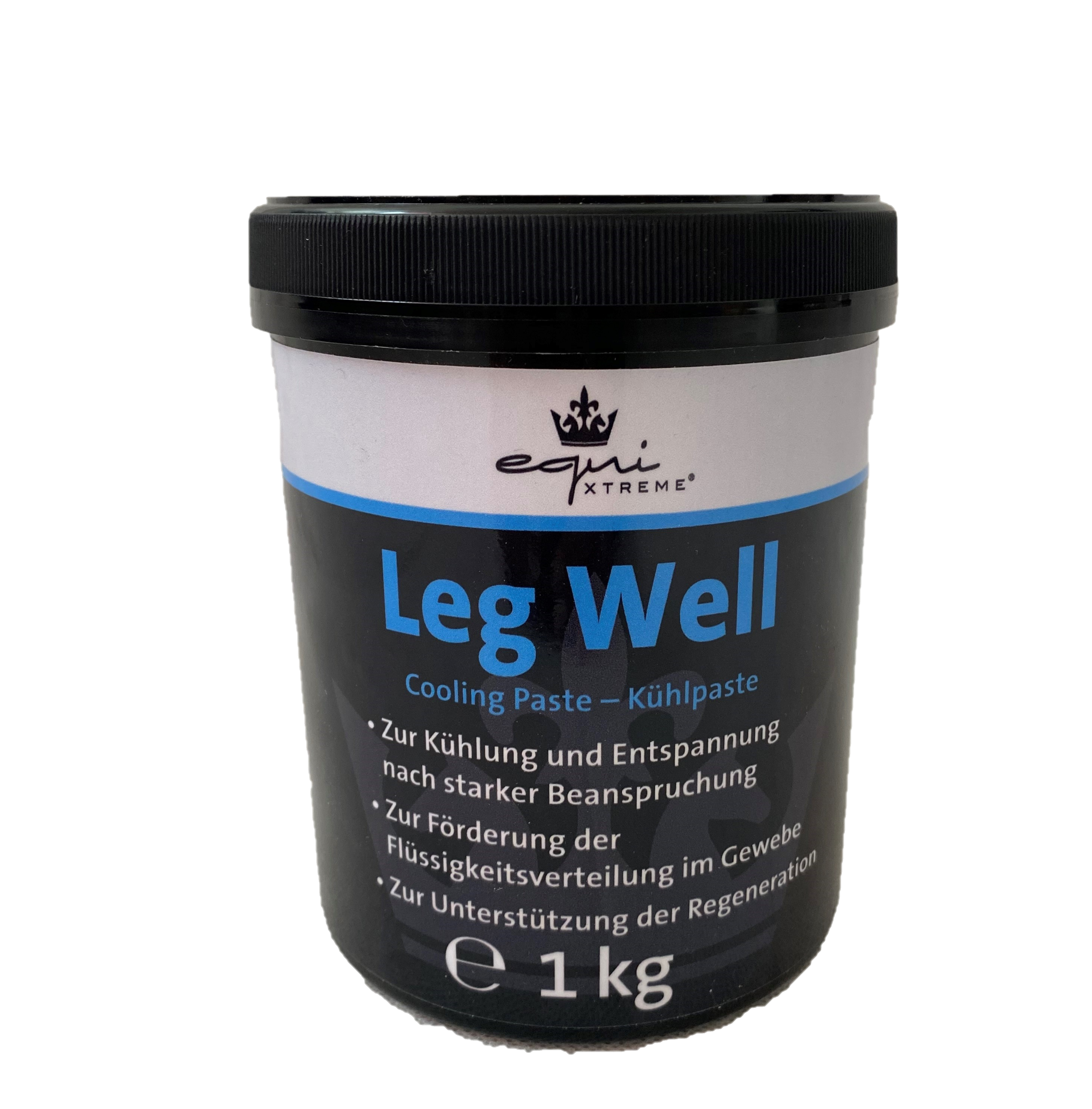 Schwarze Dose mit blauen Aufschrift ( EQUiXtreme Leg Well Kühlpaste) und ein Paar Details zum Produkt