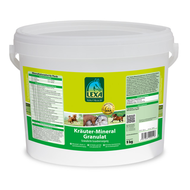 Eimer (Kunststoff) mit Kräuter-Mineral Granulat von LEXA, für Pferde, mit Inhaltsstoffen und Anwendungshinweisen.