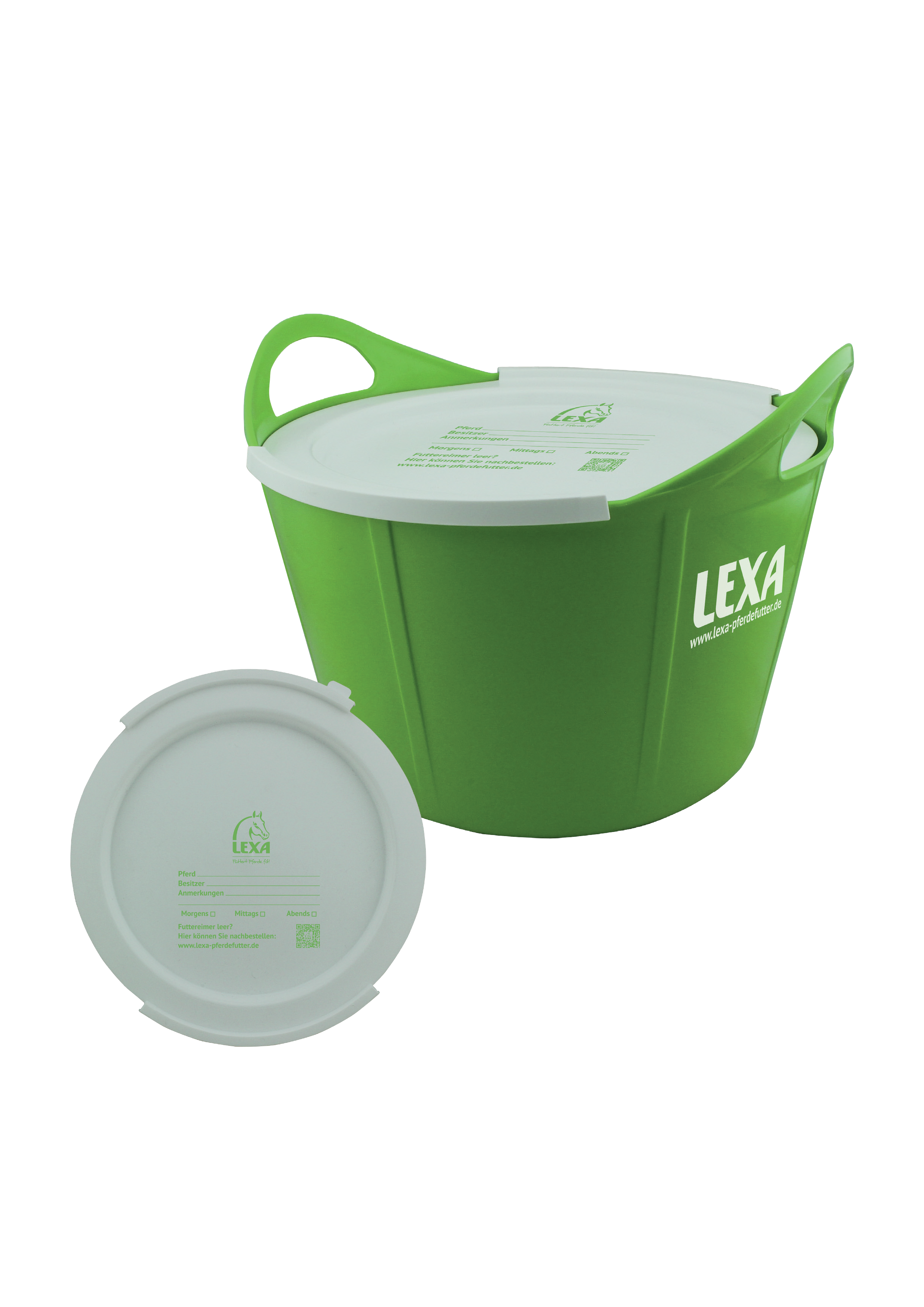 Grüner Kunststoffbehälter mit zwei Griffen, Marke LEXA, zudem noch einem weißem Deckel
