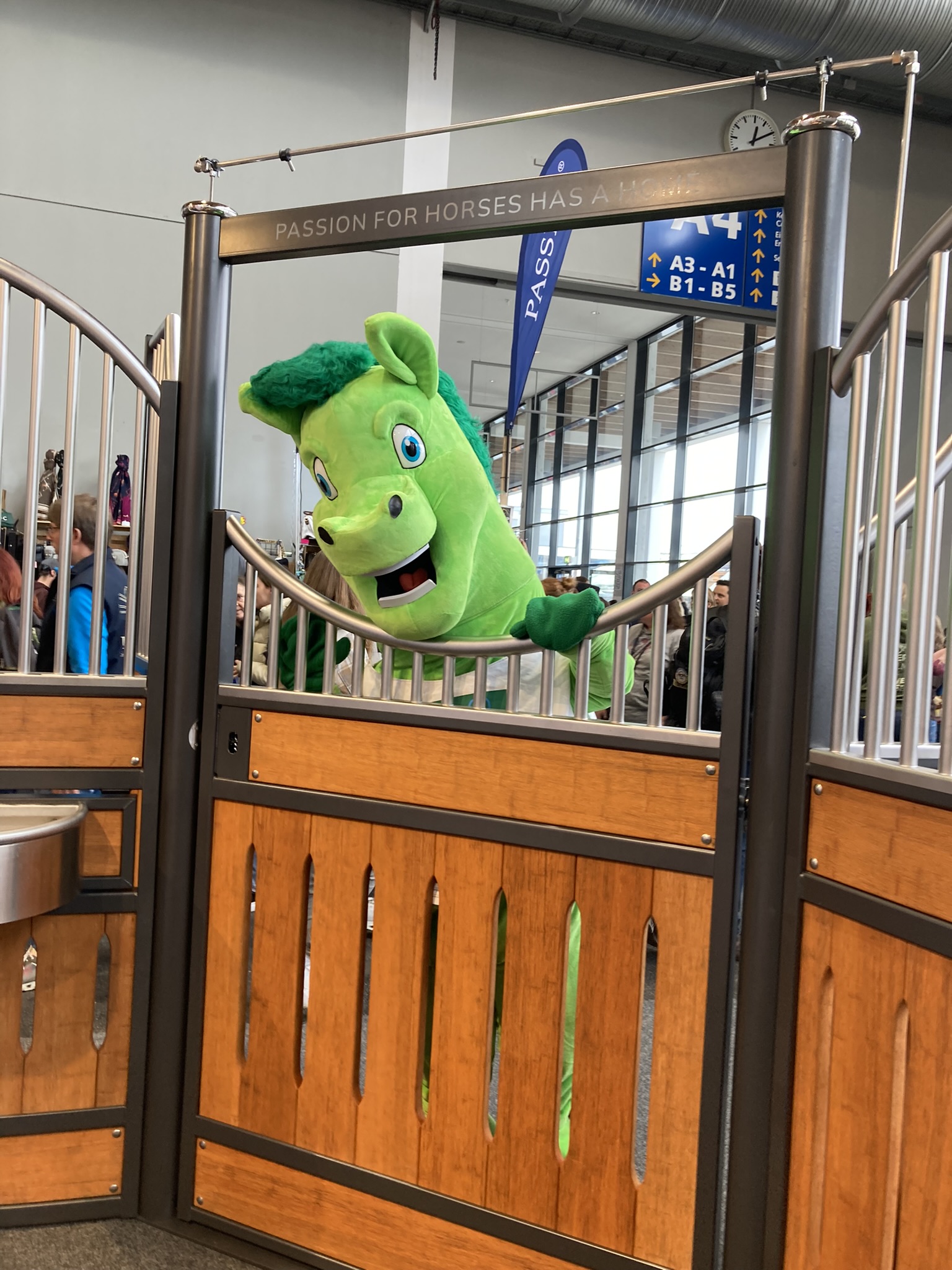 Ein grünes Pferdemaskottchen schaut durch einen Stallzaun.