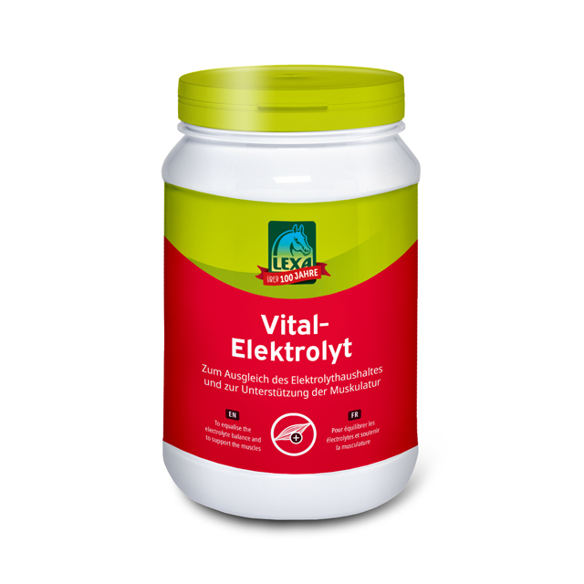 LEXA Vital-Elektrolyt in einer weißen Plastikdose mit grünem Deckel und rotem Etikett.