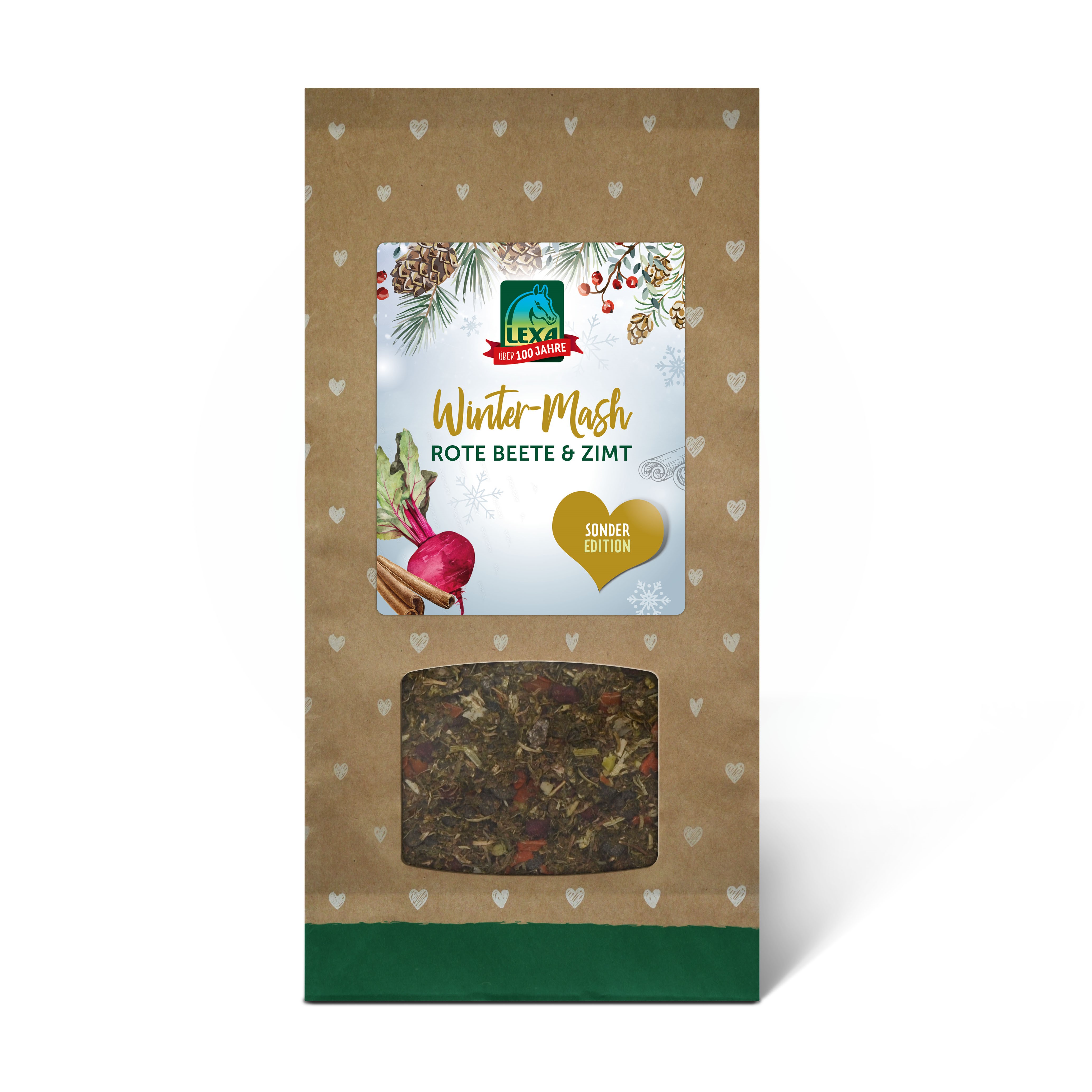 Verpackung von LEXA Winter-Mash mit Rote Beete und Zimt, Sonderedition, auf braunem Hintergrund mit Herzchenmuster.