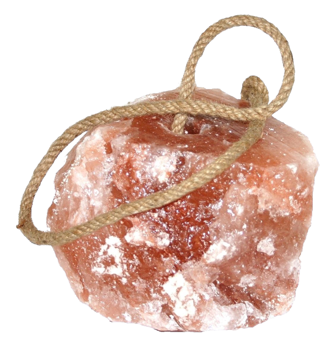 Ein Stück Himalaya-Salz mit einer Schnur zum Aufhängen.