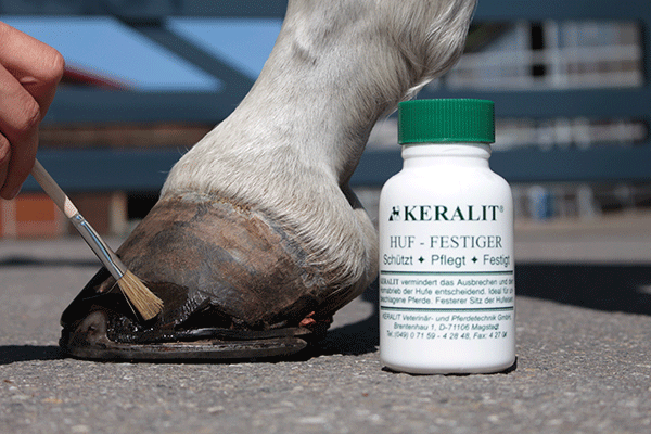 Eine Hand trägt eine Pflegecreme auf den Huf eines Pferdes auf, daneben steht eine Flasche KERALIT HUF-FESTIGER.