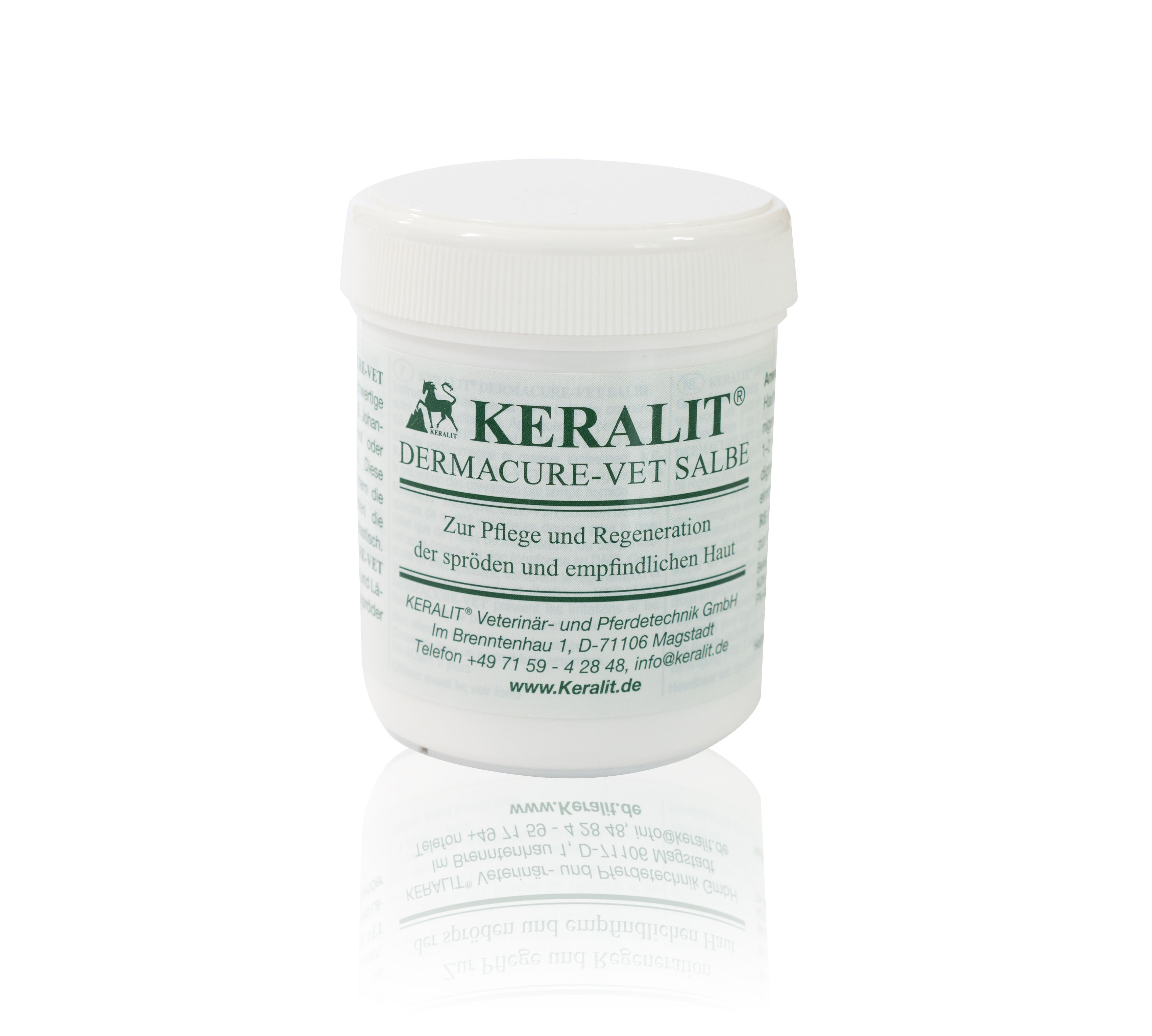 KERALIT Dermacure-Vet Salbe in einem weißen Behälter, geeignet zur Pflege und Regeneration von empfindlicher Haut.