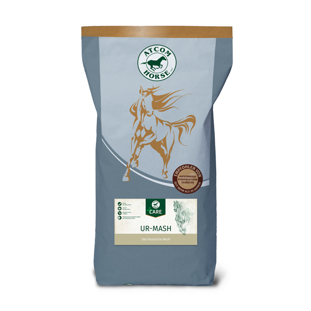 ATCOM Horse UR-Mash, ein Futter für Pferde in einer grauen Verpackung mit einem Pferdemotiv.