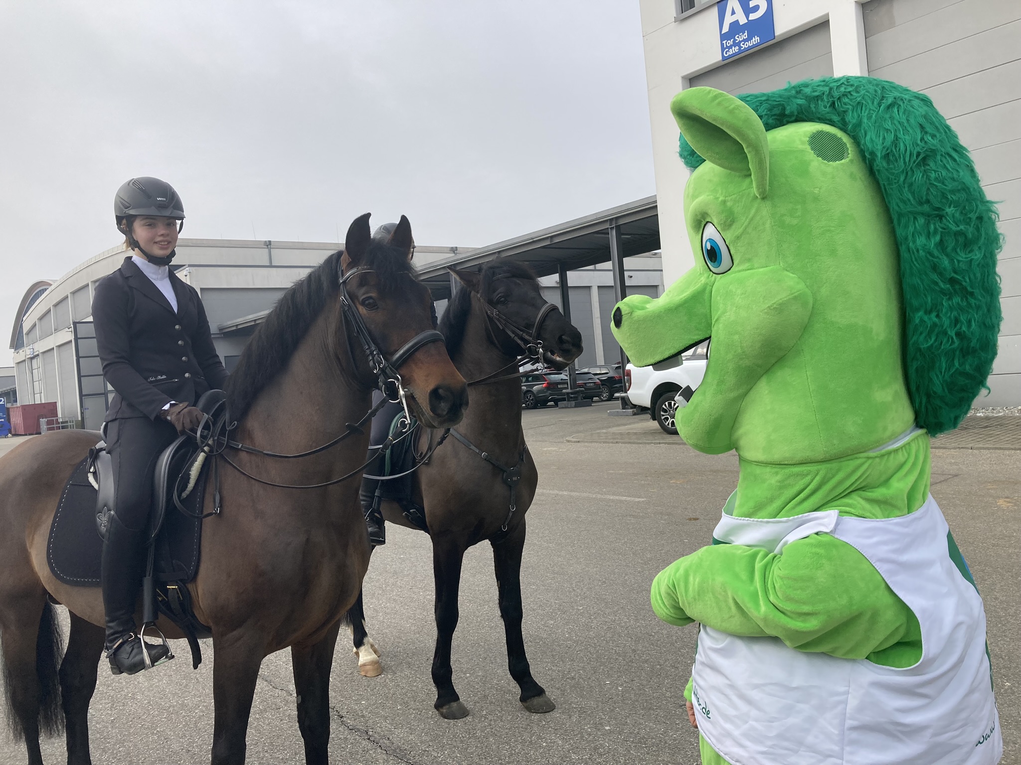 Ein grünes Maskottchen steht vor einem Reiter auf einem Pferd, während ein weiteres Pferd daneben steht.