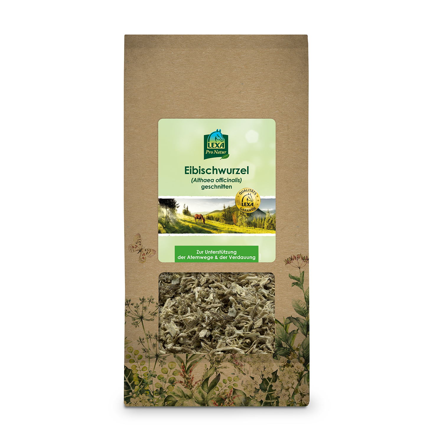 Braune Papiertüte mit getrockneter Eibischwurzel, mit Sichtfenster, mit grünem Etikett und Logo, Inhalt sichtbar. Kräuterillustrationen am Rand der Verpackung.