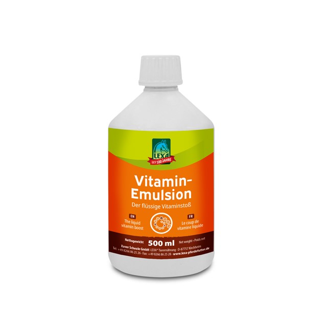Flasche mit Vitamin-Emulsion, 500 ml, orange-weiße Etikettierung, enthält flüssige Vitamine.