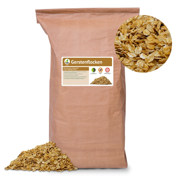 Braune Verpackung mit Gerstenflocken, daneben eine Nahaufnahme der Flocken.