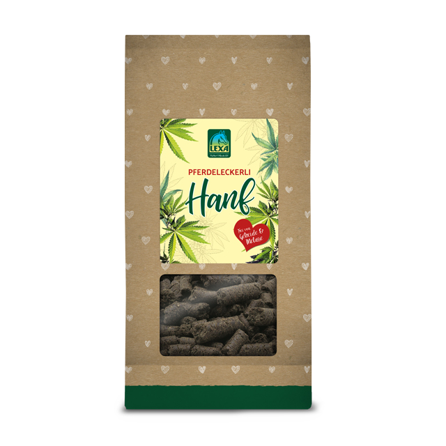 Hanf-Pferdeleckerli in einer braunen Verpackung mit grünem Boden und einem Sichtfenster.