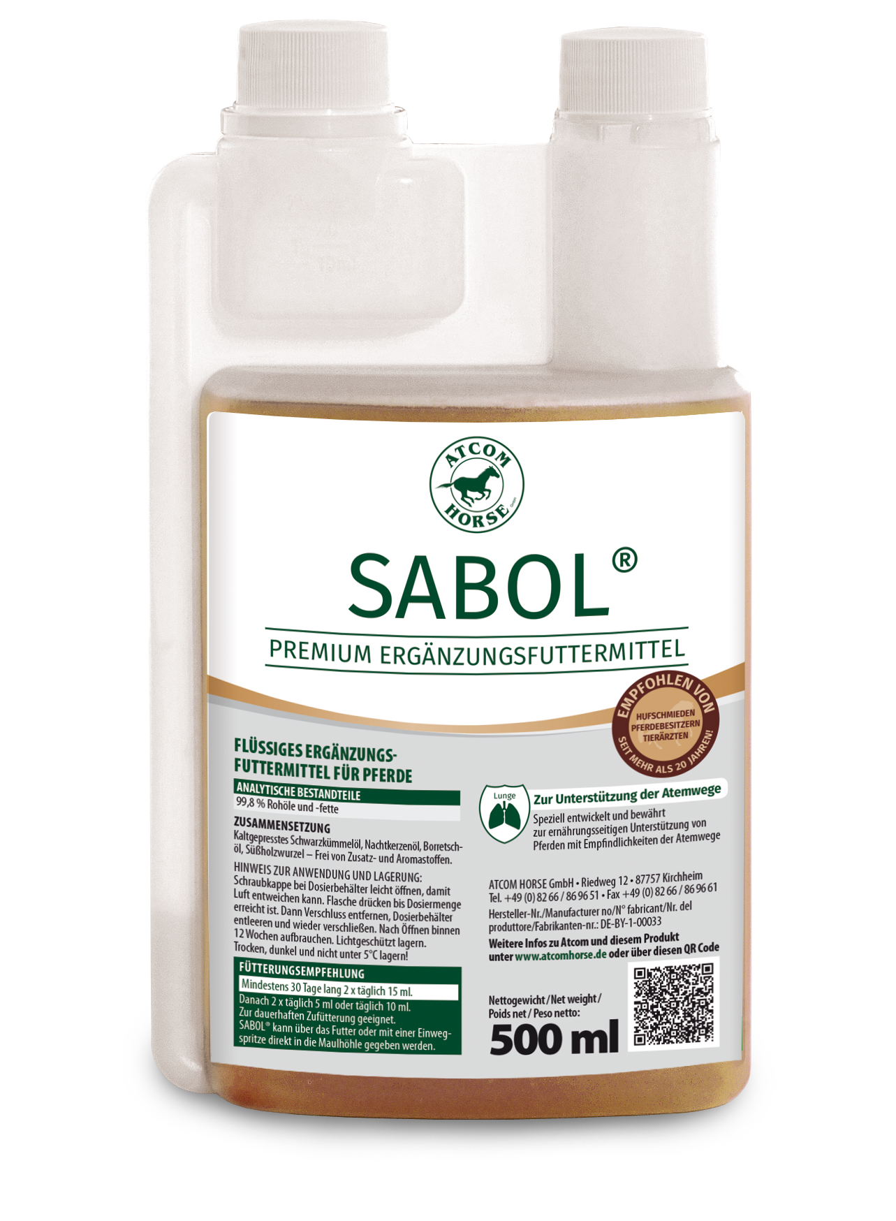 SABOL Premium Ergänzungsfuttermittel für Pferde, 500 ml Flasche, zur Unterstützung der Atemwege.